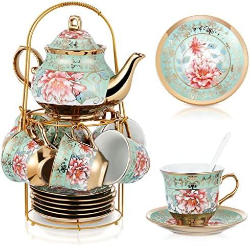 Zhehao 20 Pcs Porcelain Tea Set with Metal Holder and Spoon Adult Ceramic Tea Set European Flower Painting Teapot Cup Saucer Spoon for Women, Large Version(Fresh Style): Tea Sets