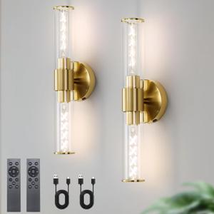Battery Operated Wall Sconces Set of Two Glass Gold Rechargeable Wall Sconces with Remote Control LED Dimmable Wall Lights for Living Room Hallway (2 Pack)