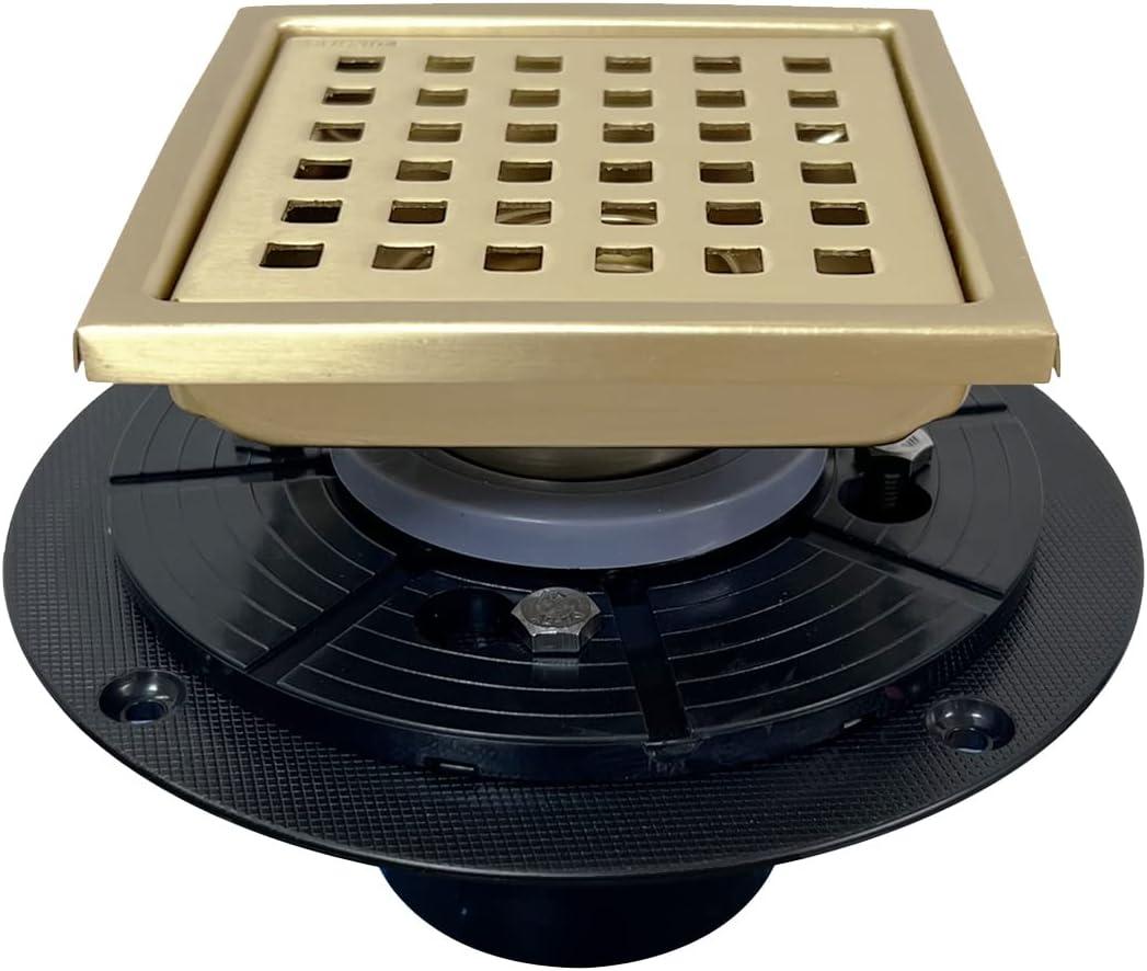 4 Inch Brushed Gold Shower Floor Drain Square for Bathroom Kitchen Removable Grill Plate Cover with Flange Kit, Sus304 Stainless Steel Brass Finish