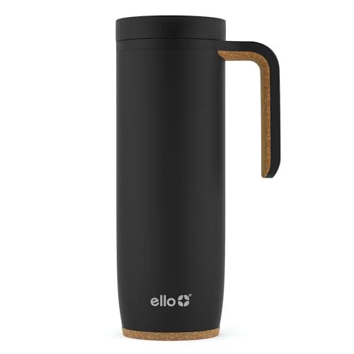Ello Magnet 18oz Stainless Steel Travel Mug with Handle and Leak Proof Lid | Vacuum Insulated Coffee Cup Keeps Drinks Hot for 5 Hours | BPA Free Tumbler with Built In Coaster, Matte Black