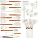 Kitchen Utensils Set - 34 PCS Non-Stick Silicone Cooking Utensils Set Spatula Set with Holder, Wooden Handle Spoon, Brush, Whisk Kitchen Gadgets Tools Set for Nonstick Cookware (Cream White)