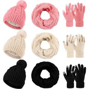 Liitrsh 12 Pcs Winter Beanie Hat Scarf Gloves Set Knitted Beanie Hat Circle Scarves Gloves Earmuff for Women Men (Black, Pink, Beige)