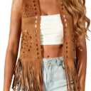 Women Western Tassels Vest Tops 70s Hippie Faux Suede Fringe Vests Jacket Cardigan Open Front Rodeo Cowgirl Shirt (Small, Hallow Out Brown)