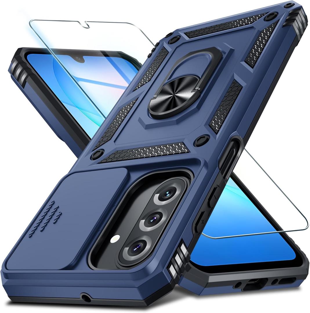Janmitta Compatible with Samsung Galaxy A17 5G Case Built in Slide Camera Lens Cover+Screen Protector+Finger Ring Holder Kickstand,Heavy Duty Shockproof Full Body Phone Cover,Blue