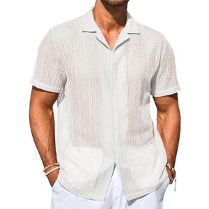 Runcati Mens Button Down Shirts Cuban Collar Casual Short Sleeve Shirt Summer Beach Hollow Out Tops Size XL