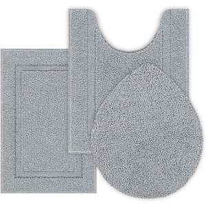 SHACOS Micorfiber Bathroom Rugs Set of 3 Pieces Small Bath Mats 16"x24" with Toilet Lid Cover U Shaped Toilet Rug Fluffy Plush Non Slip Washable Carpet for Bathroom Floor(Light Grey)