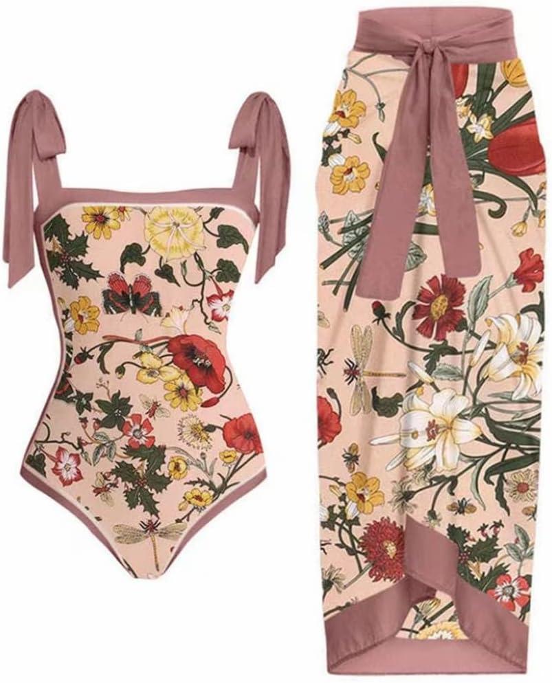 3 Piece Bikini Sets for Women, Sexy V Neck Flower Print One Piece Swimsuit with Cover up Wrap Skirt Beachwear 2 Piece Set, Ladies Retro Swimming Bathing Suits Vacation Party Costume Dusty Pink M