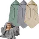 Muslin Hooded Baby Towels, 3 Pack Cotton Baby Bath Towels with Hood for Newborn, Babies, Infant, Toddler, Soft and Absorbent Baby Shower Towel Newborn Essential (35 X 35 Inch) (Green + Grey + Apricot)