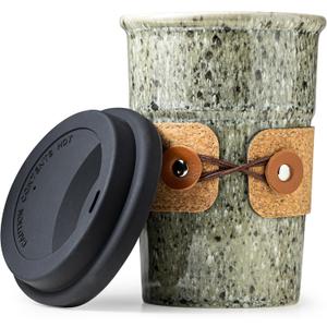 Coffee Travel Mug, Spill Proof Coffee Tumbler, Ceramic mug, Microwave & Dishwasher Safe, Large Porcelain Coffee Cup, Tea Mug with Lid, Decorative Latte Cup for Men, 16.5 oz (Gray with Black Dots)