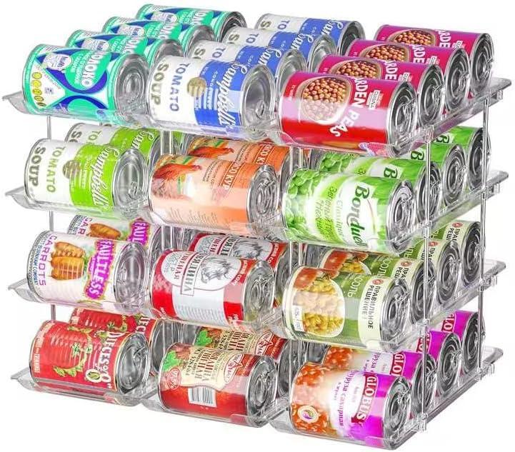 Attelite Can Organizer for Pantry, 3 Sets 4 Tiers Can Storage Organizer Pantry, Soda Can Organizer for Fridge 48 Cans Rack Automatic Rolling Stackable Canned Food Organizer, Clear