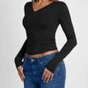 Trendy Queen Long Sleeve Shirts for Women 2026 Fall Fashion V Neck Basics Crop Tops Slim Fitted Y2K Tops Outfits Clothes (Black, S)