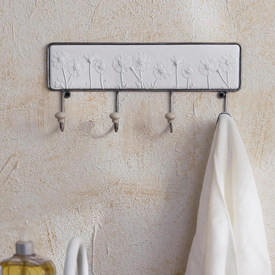 NIKKY HOME Rustic Boho Coat Rack Decorative Floral Wall Mount Large Coat Hook, White Resin 3D Textured Pattern with 4 Hooks Farmhouse Hanging Jackets, Coats, Hats, Bags, Towels