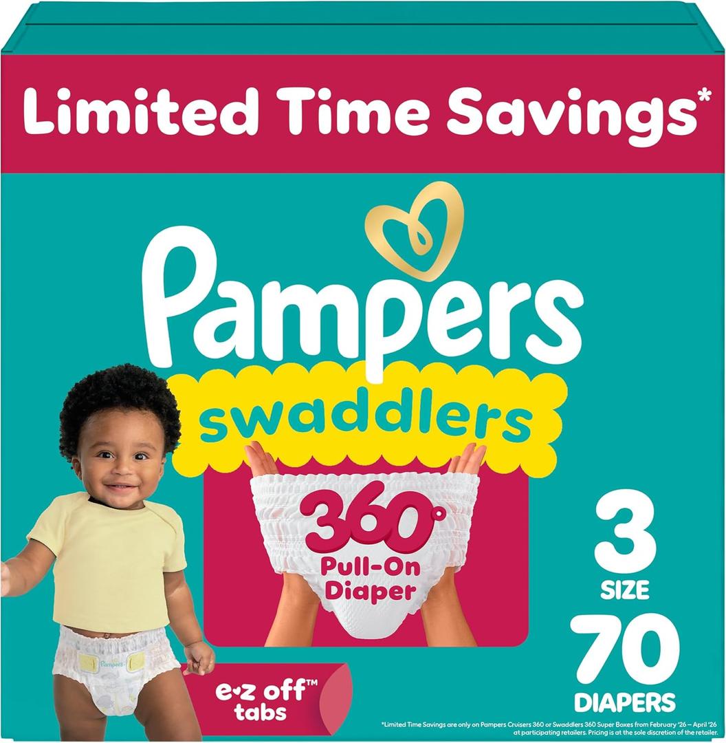 Pampers Diapers - Swaddlers 360 - Size 3, 70 Count, up to 100% Leakproof Comfy Dry Fit, Designed for Easy Changes, Pull On Baby Diaper