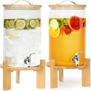 WILLOW WEAVE Double 2.1 Gallon Glass Drink Dispensers for Parties, Beverage Dispenser with Stand & Leak-Proof Spigot, Lemonade or Juice Dispenser for Parties, Bars or Events, Each 8L