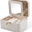 KAMIER Jewelry Box, 2 Layers PU Leather Jewelry Organizer Box, Large Capacity, Double Lock and Large Mirror, Hidden Necklace Hooks, Removable Dividers, Grey (Gray)