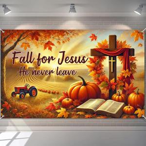 Fall Religious Banner 71x43 Inches Hanging Decor Fall for Jesus Cross Pumpkin Scene Decoration for Home Church Party Supplies Photo Backdrop Outdoor Indoor Seasonal Decor