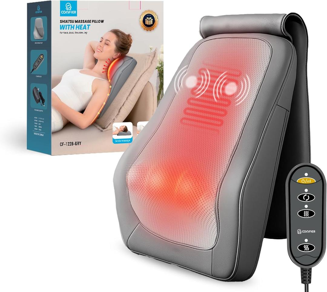 COMFIER Shiatsu Neck Massager with Heat, 3D Deep Kneading Back Massager with Vibration & Heat, Ideal Gift for Women Men Home Office Use-Gray