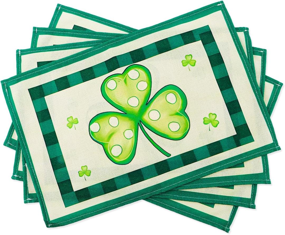 St Patricks Day Placemats Set of 4,12x18 Inch Shamrock Placemats,St Patricks Day Decorations,Placemat for Round Table,Green Place Mats for Indoor Outdoor Party Kitchen Dining