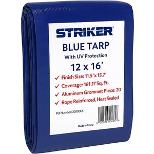 Striker Blue Tarp 12' x 16' - All Purpose PE Cover with UV Protection, 20 Rust-Resistant Grommets, and Rope-Reinforced Edges