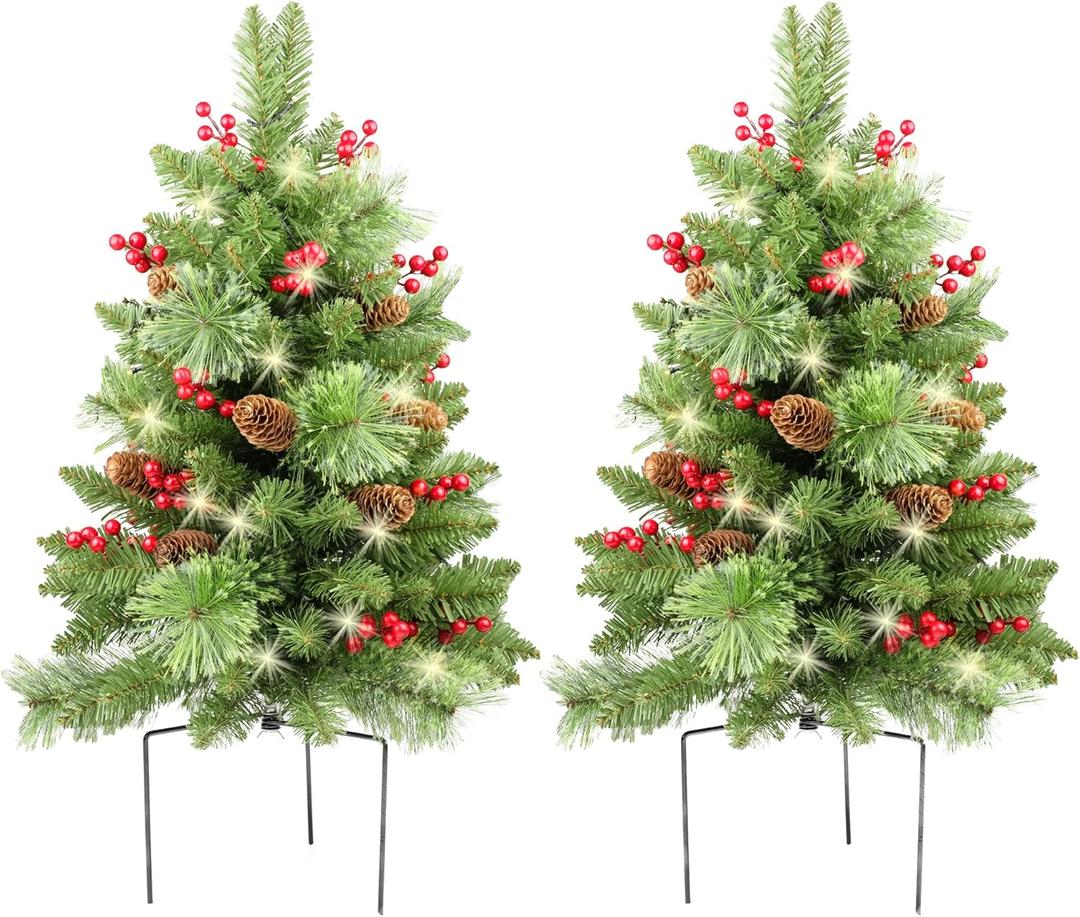 Christmas Tree 30 inch Prelit 2 Set Pathway Porch Christmas Trees Pre-Light LED Battery Operated Outdoor Xmas Decor for Entrance Driveway, Yard, Garden, Red Berries, Pine Cones