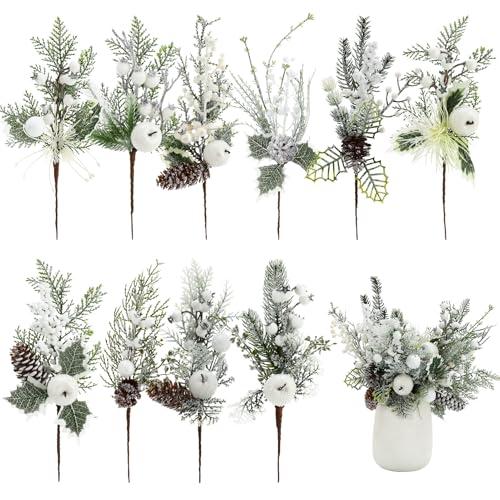 Ovveroche 10 Pcs Christmas Pine Branches Cones Picks Artificial Berry Stems Faux Christmas Greenery Spray Floral Picks Snowy Holly Pine Needles for Xmas Tree DIY Wreath Floral Party Decor, White
