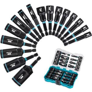 LIBRATON Magnetic Nut & Driver Set, 16pc Impact Driver Bit Set, 1/4"-9/16" Nut & 1/4"-4/3" Deep Nut Drivers, SAE Drive, Toolbox for Car Repairs