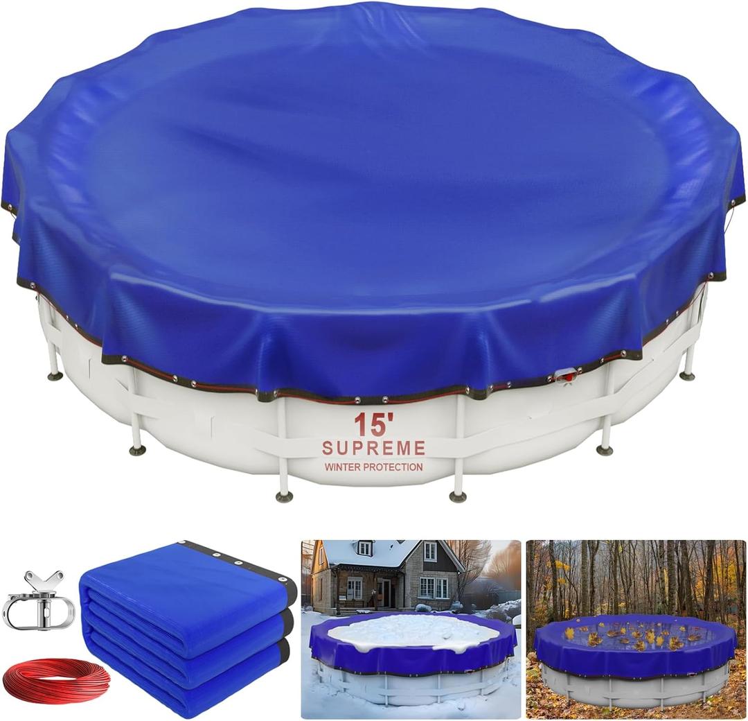 New Upgrade Winter Pool Cover 15 ft Round for Above Ground Pools, Extra Thick Durable Above Ground Swimming Pool Protection Cover, Encryption Grommets, Cold and UV Resistant with Premium Winch, Cable