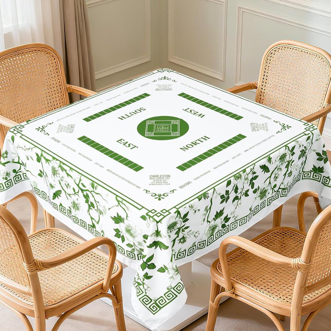55 x 55 in Mahjong Tablecloth Square Florals Card Table Mat Chinoiserie Game Table Cover Mahjong Party Decorations for Beginners, Lovers, Card, Board Tile Games, Poker, Dominoes (Green)
