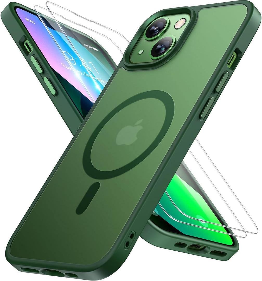 Miracase Magnetic for iPhone 13 Case 6.1 inch (Compatible with MagSafe)with 2X Screen Protectors Military-Grade Protection, Anti-Fingerprint Translucent Matte Phone Case Cover, Dark Green