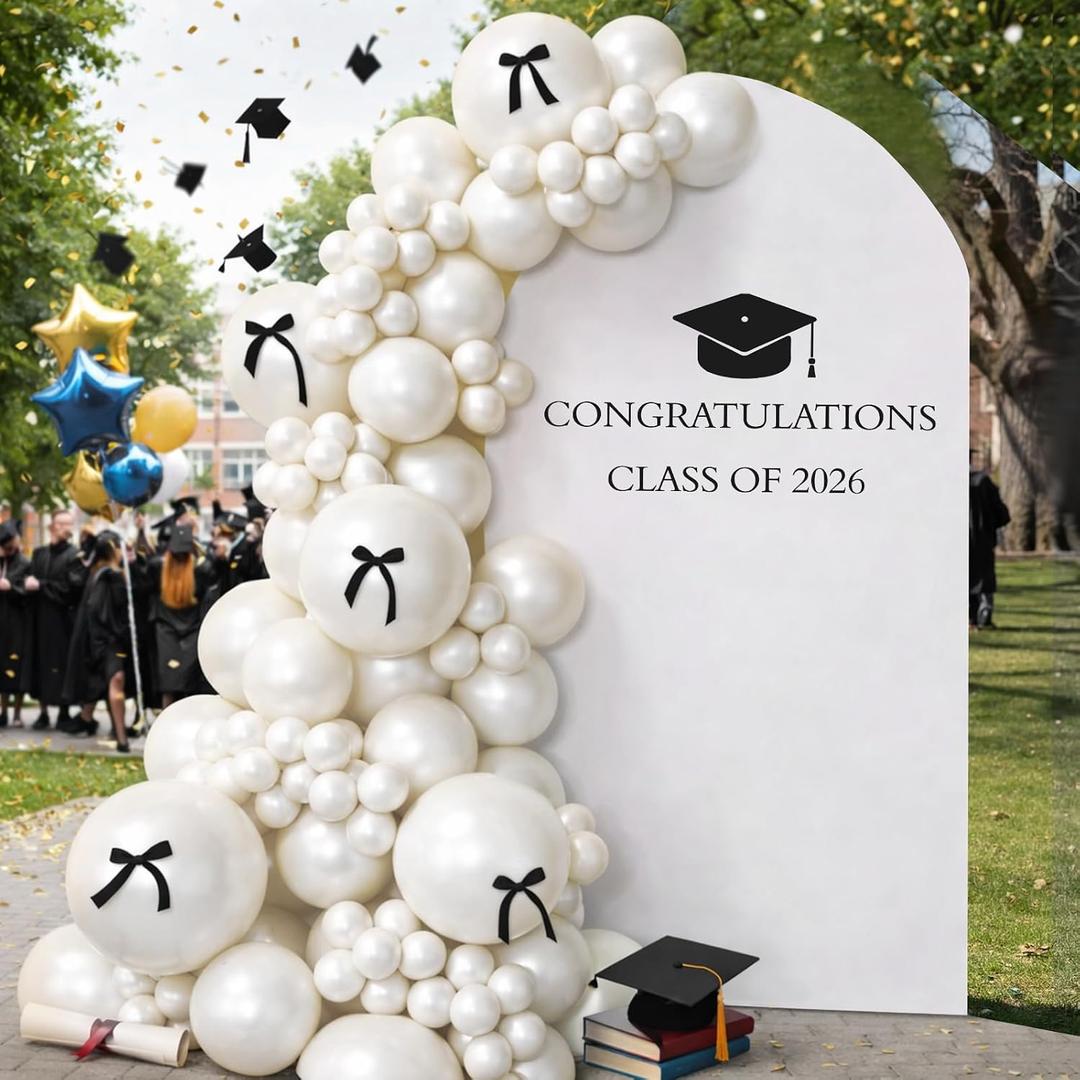 Lunmon 7.2 ft 2026 Graduation Decorations Congratulations Class of 2026 White Arch Cover Backdrop Kit with Black Bow Graduation Sticker White Balloon Arch Kit for Grad Photo Party Decor College School
