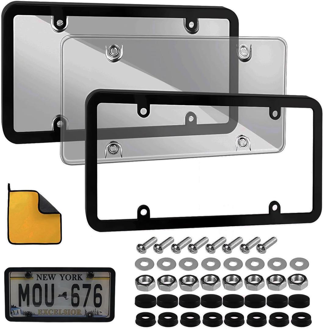 2 Pack License Plate Covers Frames : Rust-Proof Car License Plates Shields Holder -with Screw Caps - Clear License Plate Protector for US Standard Cars (Grizzly)