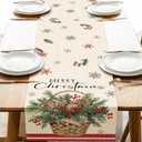 Merry Christmas Pine Basket Dining Table Runner, Xmas Red Berries Snowflake Burlap Kitchen Decoration, Winter Holiday Indoor Outdoor Home Decor Party Supply 13 x 72 Inches, Pack Of 3