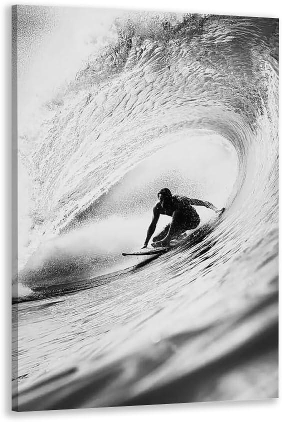 Vintage Black and White Surfing Canvas Wall Art Summer Ocean Wave Poster Extreme Sports Seaside Print for Bedroom Dorm or Home Wall Decor 8x12inch Framed