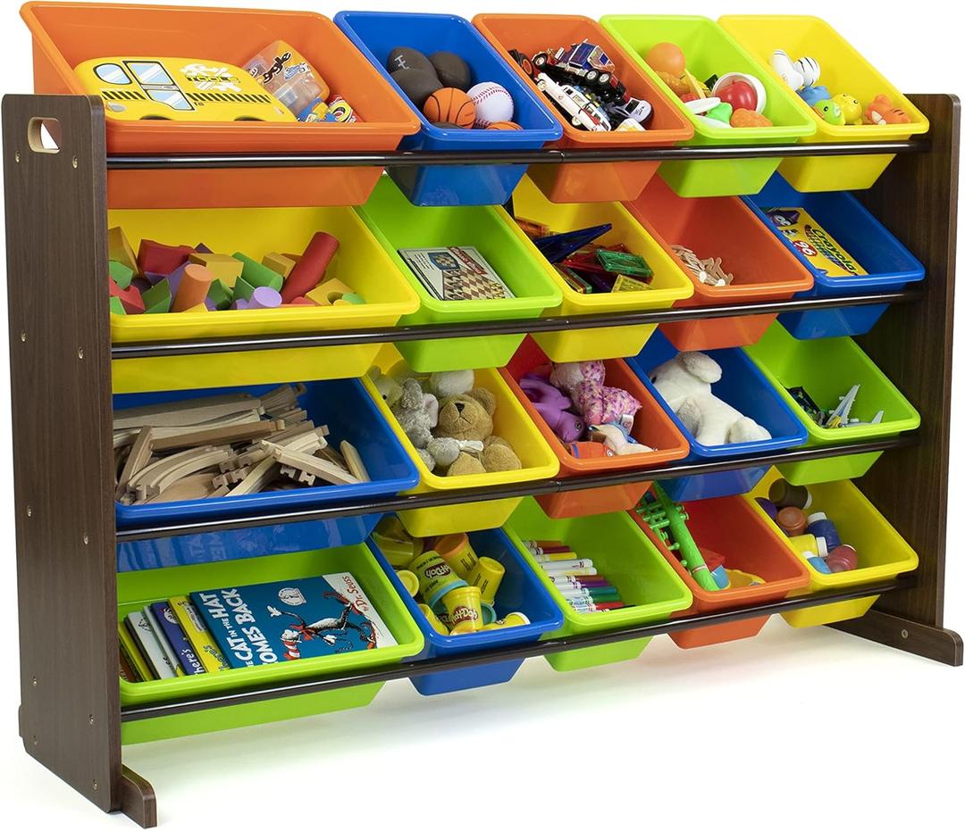 Humble Crew Extra-Large Toy Organizer with 20 Plastic Bins Dark Walnut/Neon Storage Rack with 4-Tier Shelves, Anti-Tip Safety, for Kids Rooms, Playrooms, Nurseries & Classrooms