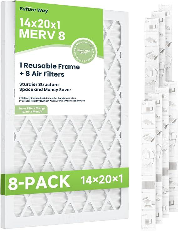 Future Way 14x20x1 Air Filters, 8-Pack with Reusable Frame, MERV 8, MPR 700 AC Furnace Filters, Space Saving & Cost-effective