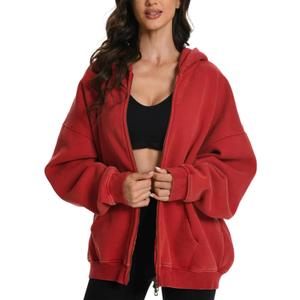 FAIABLE Womens Mens Zip Up Hoodie Oversized Acid Wash Hoodies Heavyweight Distress Cotton Fleece Zipper Sweatshirt Vintage (X-Large, Red)