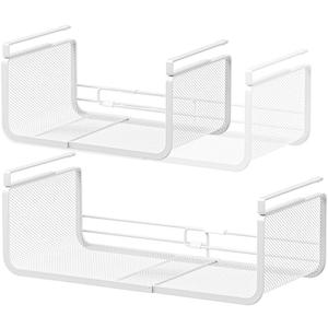 Expandable Under Shelf Basket Organizer, Under Shelf Storage, Hanging Baskets Under Cabinet for Pantry Kitchen Cupboard Desk Counter Bookshelf Space Saver Heavy Duty Slide-in (White, 2 Pack)
