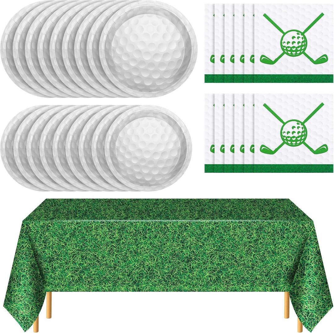 Kochorie 73 Pieces Golf Party Tableware Set 7 & 9 Inch Golf Plates and Napkins Disposable Green Grass Field Plastic Tablecloth Golf Tableware for Birthday Sports Theme Party Supplies, Serve 24 Guests