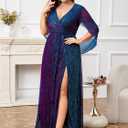 Plus Size Formal Maxi Dress Sparkly Cape Sleeve V Neck Side Split Wedding Guest Prom Evening Gown Gala (XXXL)