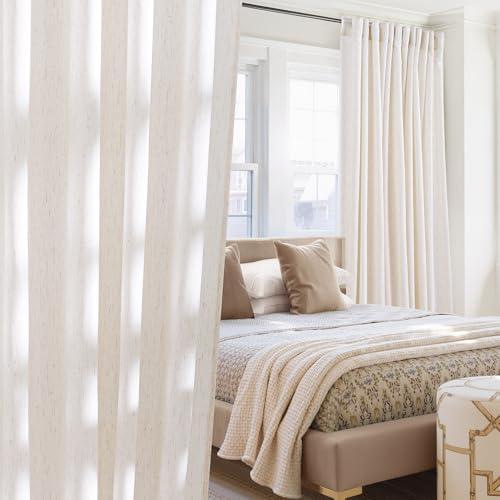 NICETOWN Linen Cream Curtains for Living Room 96 inches Long, Rod Pocket & Back Tab Semi Sheer Window Treatments Privacy Added with Light Filtering Drapes for Bedoom, W55 x L96, 2 Panels