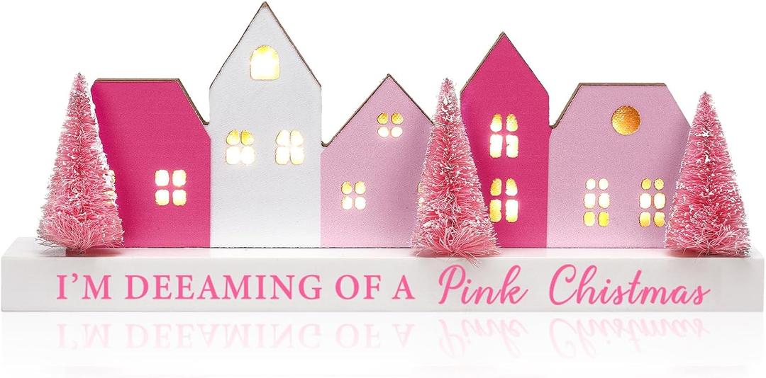 Amyhill Pink Lighted Wooden Christmas Tabletop House Village Decor Farmhouse LED Christmas Tabletop Decor Merry Rustic Xmas Block Centerpiece Sign with Word for Home Bedroom Holiday Ornament