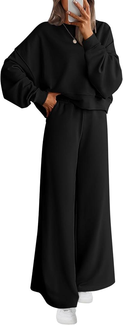 PRETTYGARDEN Women 2 Piece Outfits 2026 Fall Sweatsuits Crewneck Sweatshirt Wide Leg Sweatpants Lounge Sets Tracksuit (Black, M)