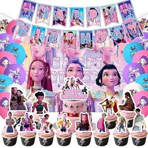 42 Pack K Pop Demon Hunters Party Supplies Pack Includes，Banner，Cake Topper，Blackdrop, Balloons for K Pop party Decoration Party Pack Plates Napkins