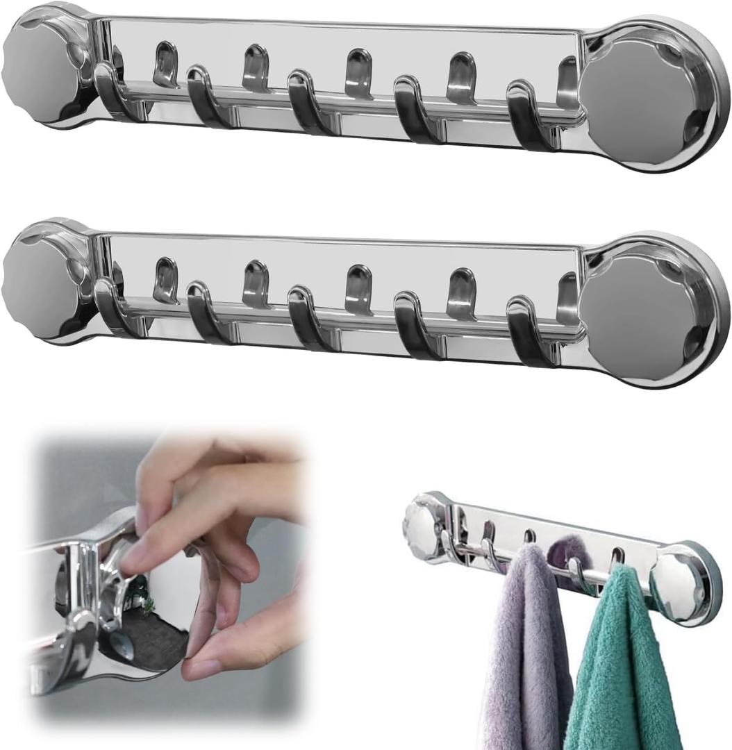 2PCS Stainless Steel Suction Cup Towel Bar, Waterproof No Drill Suction Hook, Wall Mounted Stainless Steel Towel Hooks for Bathroom, Kitchen, Glass Door, Window, Mirror, Smooth Tile