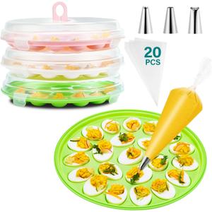 Deviled Egg Container with Lid, 3 Pack Stackable Deviled Egg Platter with Handle, 66-Slot Egg Carrier Tray for Fridge Storage, Easter, Christmas, Parties, Picnic, Dishwasher/Freezer Safe