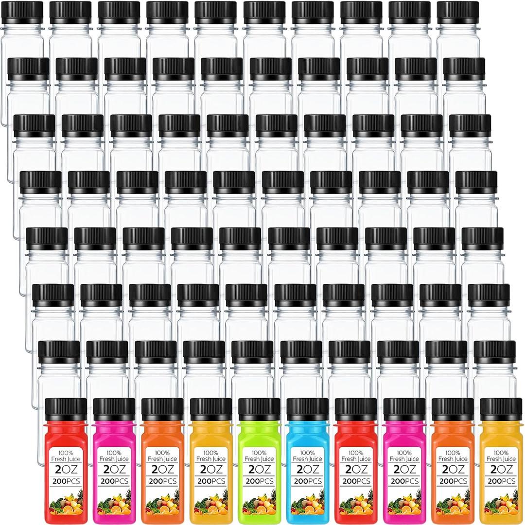 Sliner 200 Pcs 2oz Small Plastic Juice Bottles Ginger Juice Bottle with Lids Liquid Vial Reusable Clear Beverage Container with Lid, Freezer Safe, Leak Proof for Milk, Water(Black Lid)