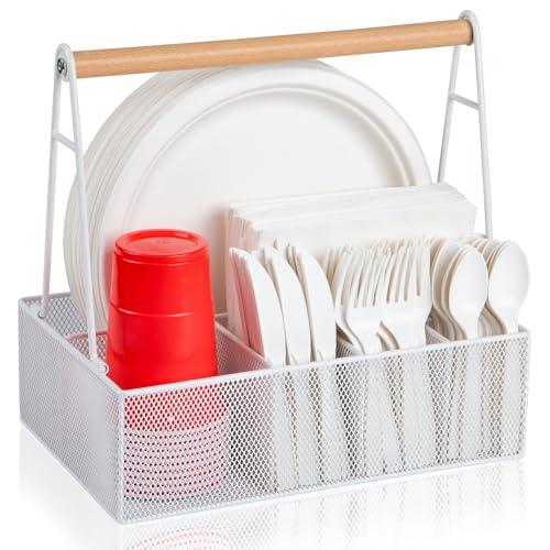Paper Plate Organizer with Handle for Countertop, Metal Silverware Caddy for Cup, Napkin, Fork and Spoon, Paper Plate and Utensil Holder, Cutlery Caddy for Party, Camping, Picnic (White)