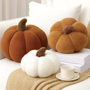 Wonderjune 3 Pcs Pumpkin Pillows Modern Fall Home Decorative Plush 3D Pumpkin Shaped Pillows Rustic Farmhouse Cushion for Halloween Thanksgiving Autumn Home Sofa Couch Bed Decor Gift(Maillard Color)