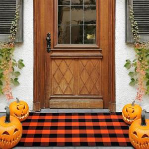 Cotton Orange and Black Plaid Rug - 3 x 5 Ft, Hand-Woven Indoor/Outdoor Layered Cotton Blend Buffalo Plaid Rug, Washable Front Door Mat, Perfect for Porch, Living Room, Entryway