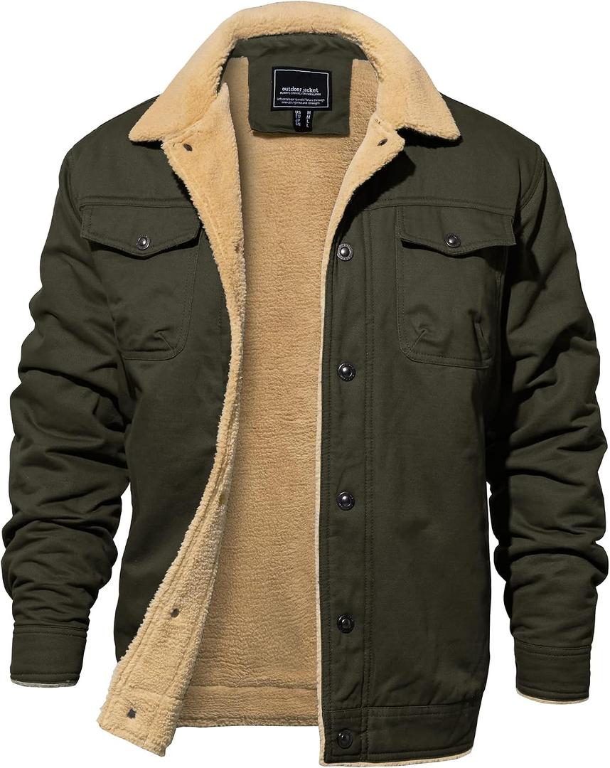 EKLENTSON Men's Winter Jacket Thick Thermal Cotton Warm Fleece Lined Coat Trucker Lapel Work Cargo Jackets for Men (Green, S)